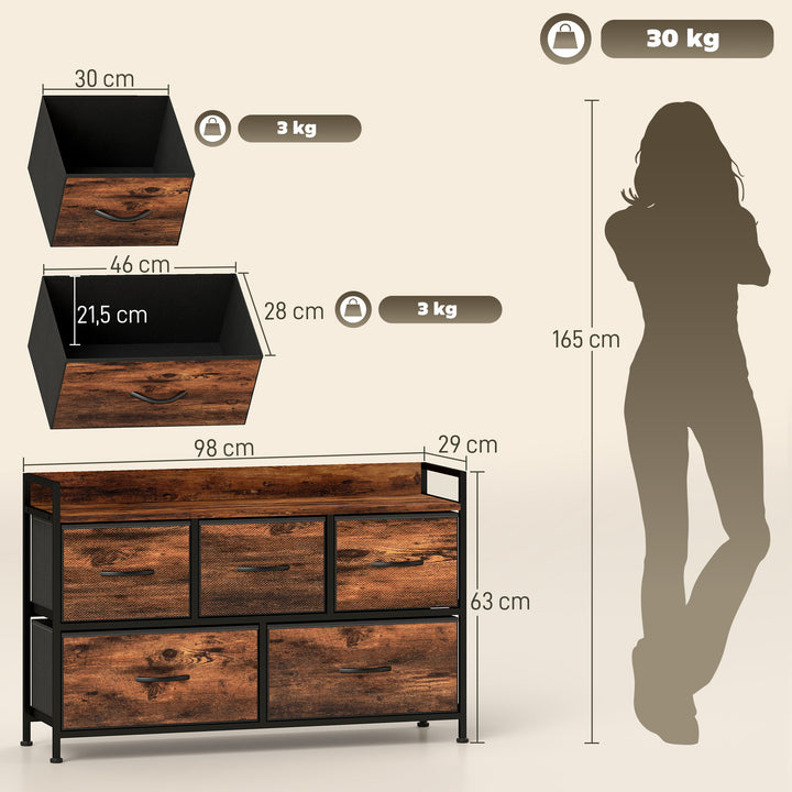 Cómoda com 5 Gavetas de Tecido Cómoda de Estilo Industrial com Estrutura Metálica para Sala de Estar Entrada Quarto 98x29x63 cm Castanho Rústico