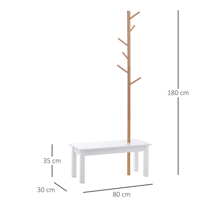 Cabide de Pé com Banco Pendurador Tipo Árvore Moderno 6 Ganchos para Pendurar Roupa Malas Corredor Entrada Bambu e MDF 80x30x180cm