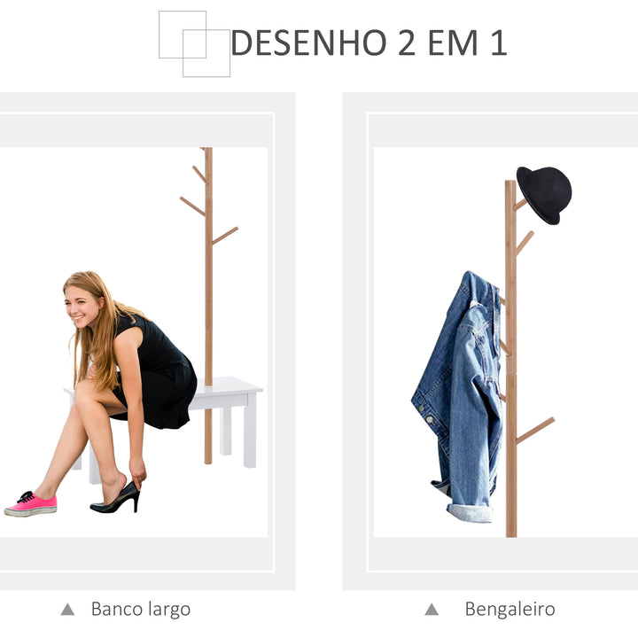 Cabide de Pé com Banco Pendurador Tipo Árvore Moderno 6 Ganchos para Pendurar Roupa Malas Corredor Entrada Bambu e MDF 80x30x180cm
