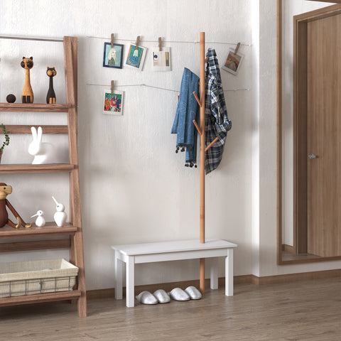 Cabide de Pé com Banco Pendurador Tipo Árvore Moderno 6 Ganchos para Pendurar Roupa Malas Corredor Entrada Bambu e MDF 80x30x180cm