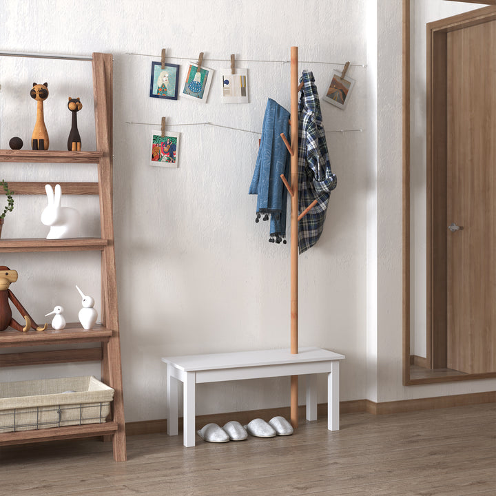 Cabide de Pé com Banco Pendurador Tipo Árvore Moderno 6 Ganchos para Pendurar Roupa Malas Corredor Entrada Bambu e MDF 80x30x180cm