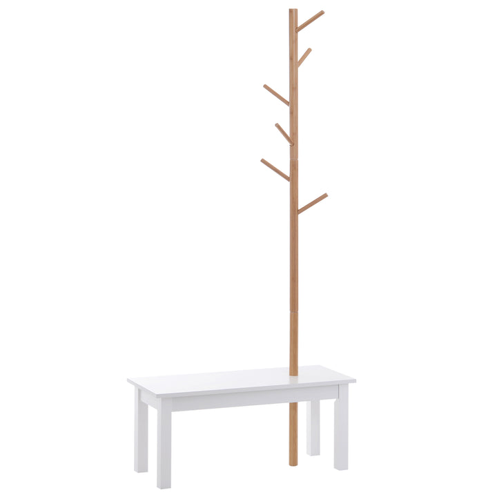 Cabide de Pé com Banco Pendurador Tipo Árvore Moderno 6 Ganchos para Pendurar Roupa Malas Corredor Entrada Bambu e MDF 80x30x180cm