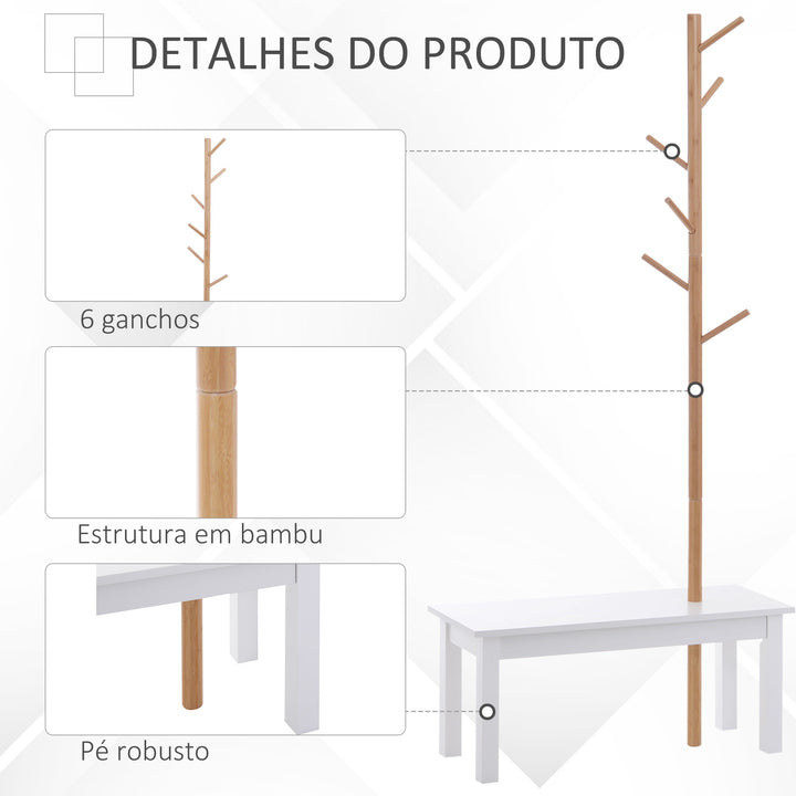Cabide de Pé com Banco Pendurador Tipo Árvore Moderno 6 Ganchos para Pendurar Roupa Malas Corredor Entrada Bambu e MDF 80x30x180cm