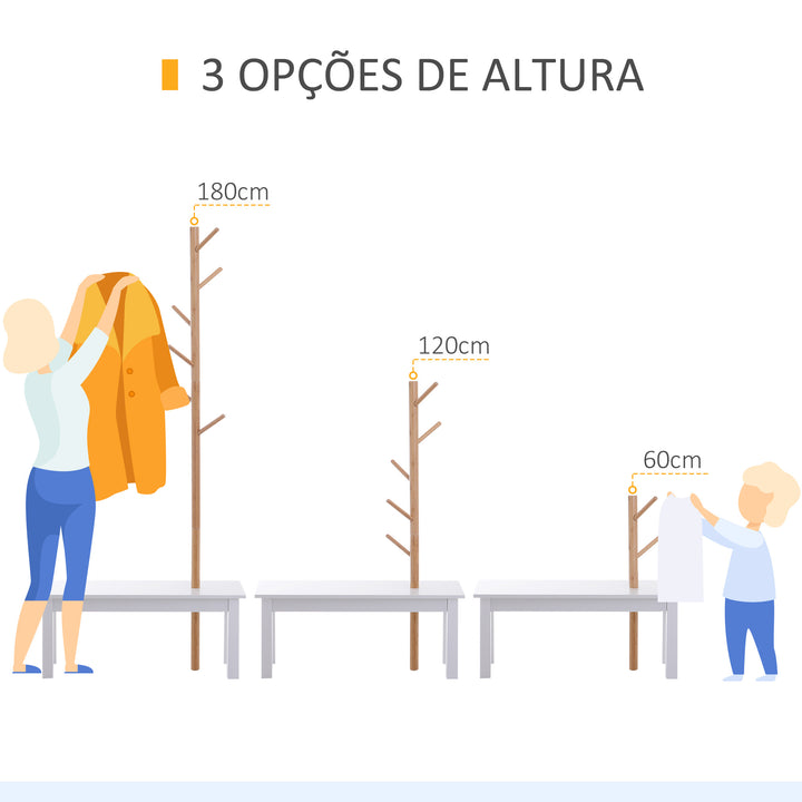 Cabide de Pé com Banco Pendurador Tipo Árvore Moderno 6 Ganchos para Pendurar Roupa Malas Corredor Entrada Bambu e MDF 80x30x180cm