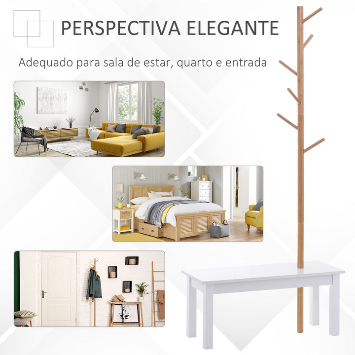 Cabide de Pé com Banco Pendurador Tipo Árvore Moderno 6 Ganchos para Pendurar Roupa Malas Corredor Entrada Bambu e MDF 80x30x180cm
