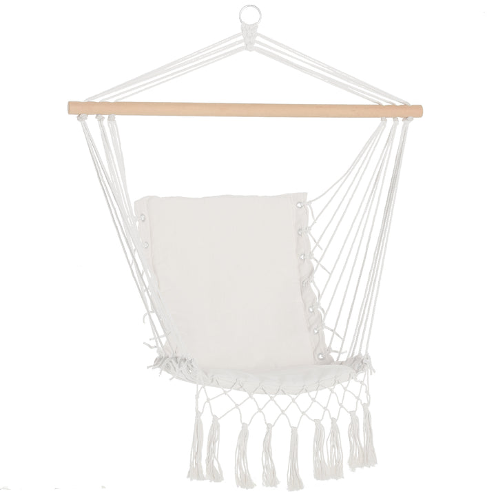 Cadeira Suspensa com Borlas Cadeira Rede Suspensa de Algodão Capacidade 120 kg Cadeira Baloiço Estilo Moderno para Interior e Exterior 90x50 cm Bege