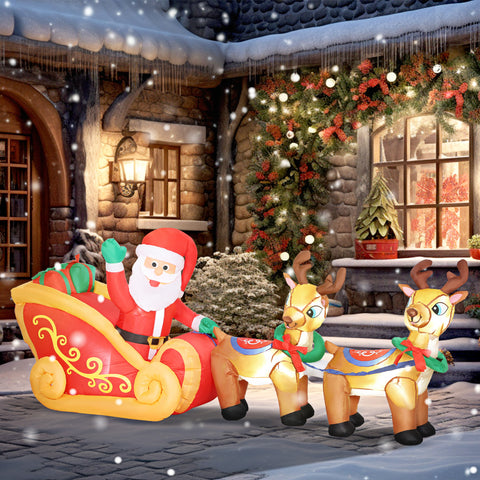 Pai Natal Insuflável com Trenó e Renas Insufláveis de Natal com Luzes LED Decoração de Natal para Exterior e Interior 240x75x100 cm Multicor