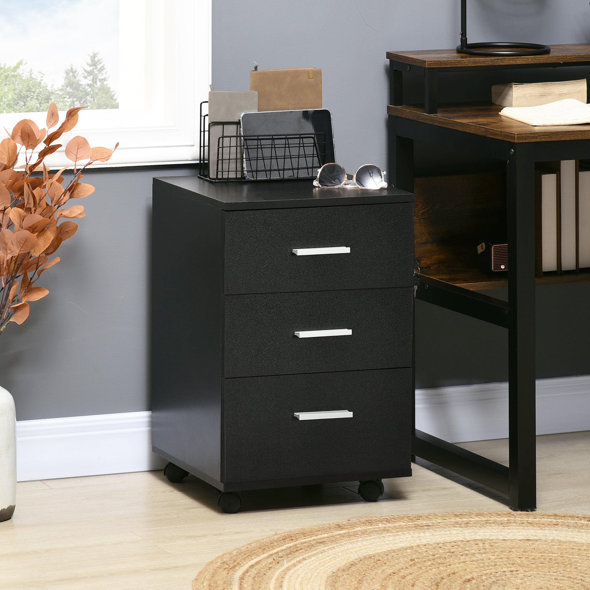 Bloco de Gavetas para Escritório Móvel de Arquivos com 3 Gavetas 4 Rodas e Fechadura com 2 Chaves para Escritório Secretária Casa 40x40x61,5 cm Preto