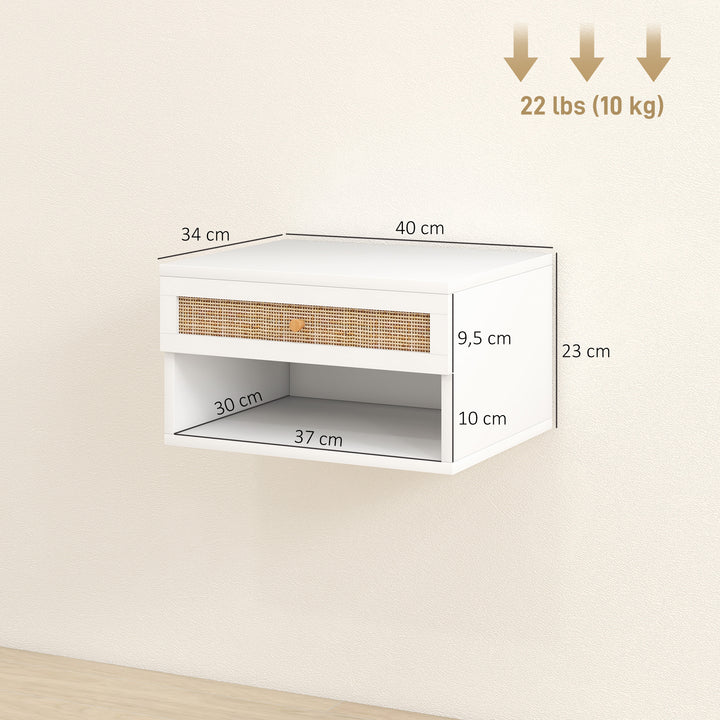 Conjunto de 2 Mesas de Cabeceiras Suspensas Mesas de Cabeceira com Compartimento Aberto e Gaveta com Frente em Vime Mesas de Cabeceira para Dormitório 40x34x23 cm Branco