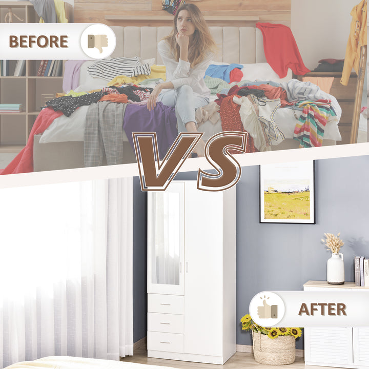 Armário Roupeiro de 2 Portas com Espelho 3 Gavetas Prateleiras Ajustáveis e Barra para Pendurar Incluida Roupeiro para Dormitório 80x50x180cm Branco