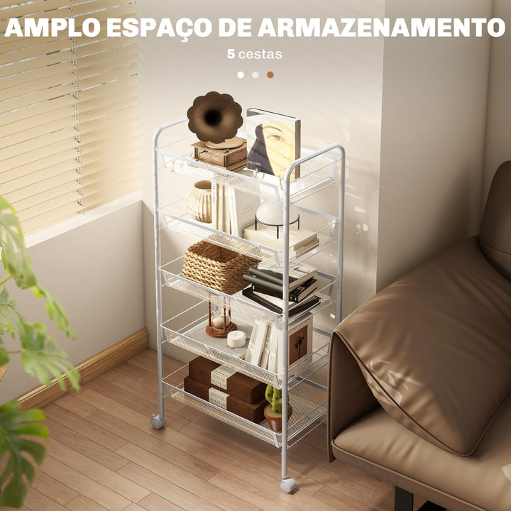 Carrinho Auxiliar com Rodas Carrinho de Cozinha de 5 Níveis com 4 Ganchos Capacidade de 15 kg para Sala de Jantar Sala de Estar Casa de Banho 45x26,5x106 cm Branco