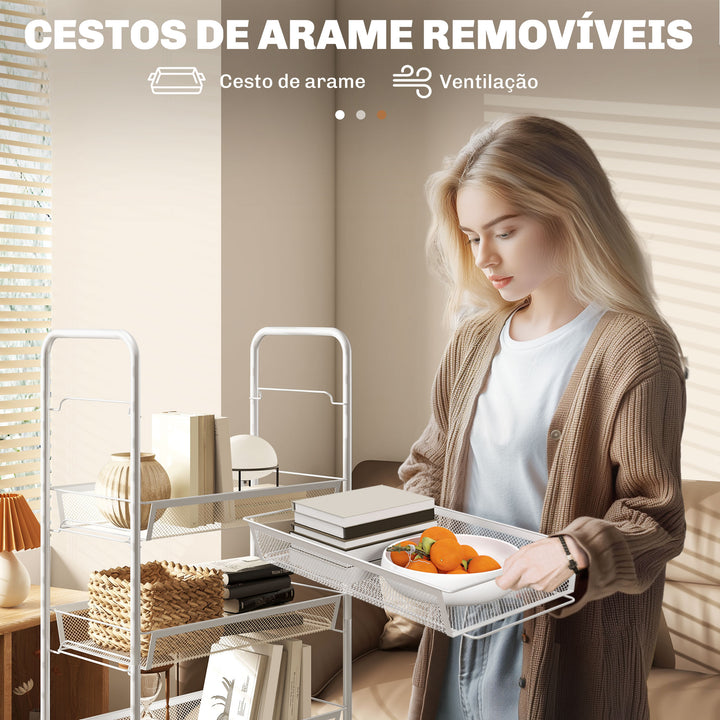 Carrinho Auxiliar com Rodas Carrinho de Cozinha de 5 Níveis com 4 Ganchos Capacidade de 15 kg para Sala de Jantar Sala de Estar Casa de Banho 45x26,5x106 cm Branco