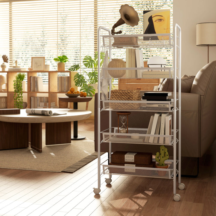 Carrinho Auxiliar com Rodas Carrinho de Cozinha de 5 Níveis com 4 Ganchos Capacidade de 15 kg para Sala de Jantar Sala de Estar Casa de Banho 45x26,5x106 cm Branco