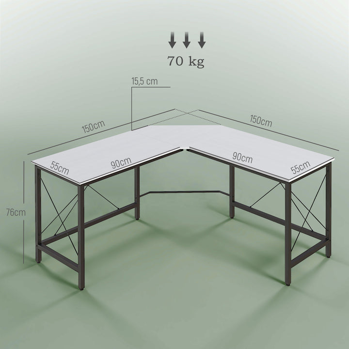Secretária em Forma de L Secretária para Escritório com Estrutura de Metal Carga 70 kg Secretária de Canto para Escritório Estúdio 150x150x76 cm Branco e Preto