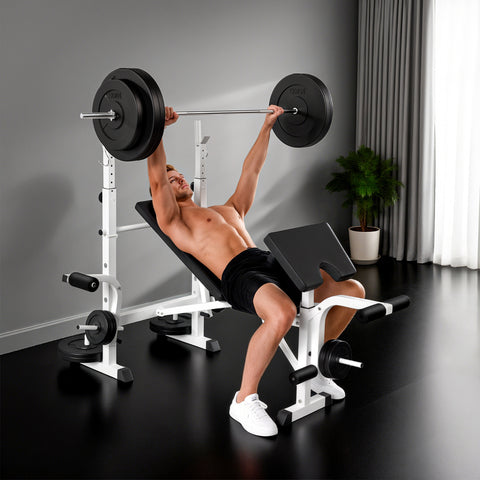 Banco de Musculação Multifuncional Inclinável com Suporte para Barra Ajustável Extensão de Pernas Curl de Predicador para Treino em Casa e Ginásio 180x134x113-136 cm Preto
