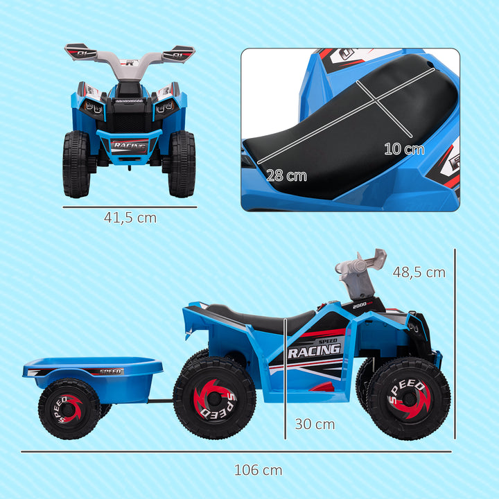 Quadriciclo Elétrico para Crianças com Reboque a Bateria 6V Carro Elétrico para Crianças de 18-36 Meses com Velocidade 2,5 km/h Carga Máxima 106x41,5x48,5 cm Azul
