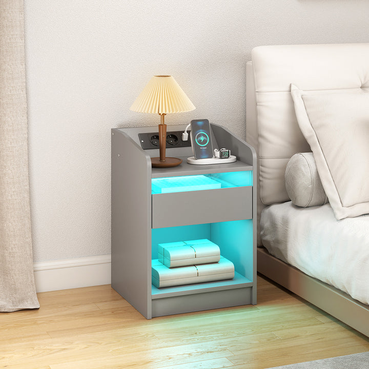 Mesa de Cabeceira com Luzes LED Mesa de Cabeceira com Gaveta Prateleira Estação de Carregamento Entrada USB e Controlo Remoto 40x40x58 cm Cinzento