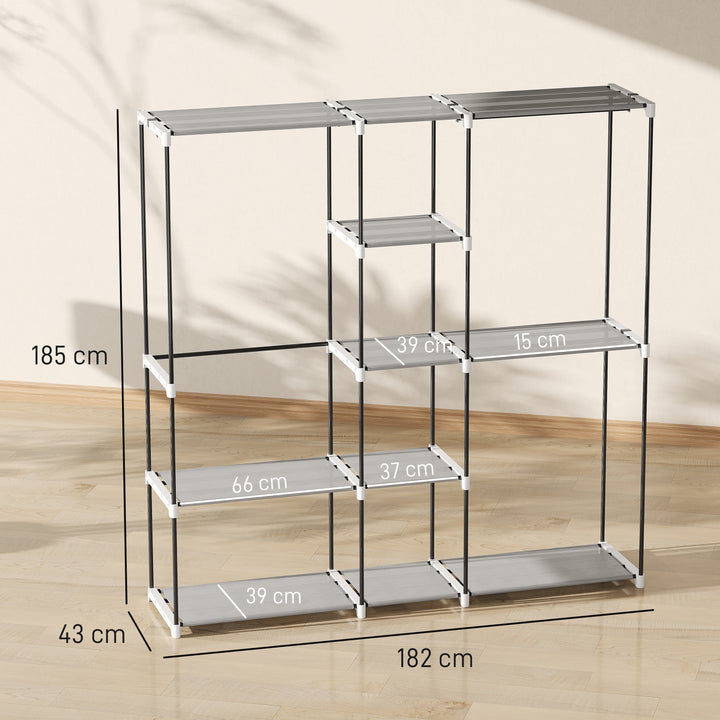 Armário para Roupas 182x43x185 cm Armário Aberto com 8 Prateleiras de Tecido Barras para Pendurar Estrutura de Metal para Quarto Sala Vestiário Cinzento Claro