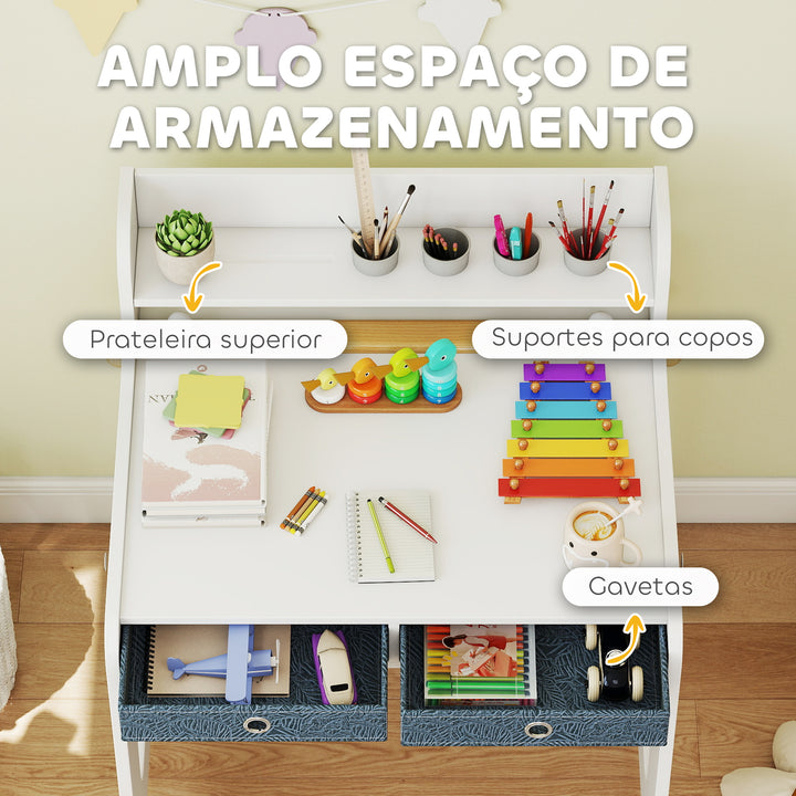 Secretária Infantil com Cadeira Secretária para Crianças com 2 Gavetas Extraíveis Estante e Porta-Copos para Estudar Ler e Desenhar Mesa para Crianças para Quarto Sala de Estudo Branco