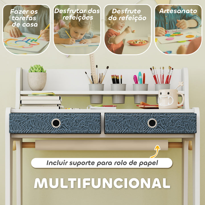 Secretária Infantil com Cadeira Secretária para Crianças com 2 Gavetas Extraíveis Estante e Porta-Copos para Estudar Ler e Desenhar Mesa para Crianças para Quarto Sala de Estudo Branco