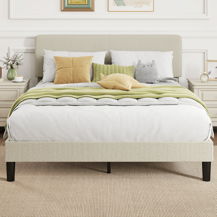 Cama 160x200 cm com Cabeceira Ajustável Estofada em Bombazina Ripas de Madeira Montagem Fácil Cinza Claro