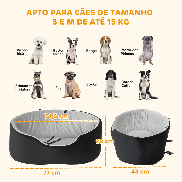 Assento de Carro para Cães Pequenos e Médios Assento para Animais de Estimação de até 15 kg com Capa Removível e Lavável Cama de Viagem com Cinto de Segurança e Base Antiderrapante 77x43x28 cm Preto
