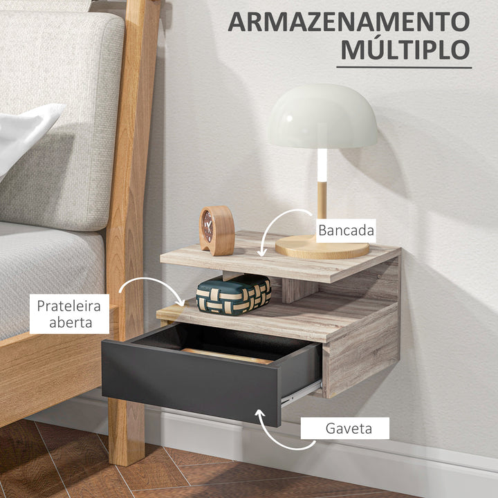 Conjunto de 2 Mesas de Cabeceira Flutuante com 1 Gaveta e Prateleira Aberta com Desenho Moderno Montado na Parede 35x32x22,5cm Carvalho Preto