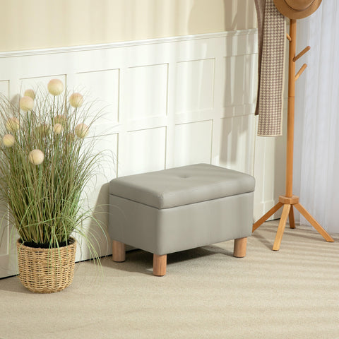 Baú de Armazenamento para Dormitório 33L Puff de Armazenamento Estofado em PU Banco de Arrumação com Pés de Madeira para Corredor Sala de Estar 60x38x40 cm Cinza Claro