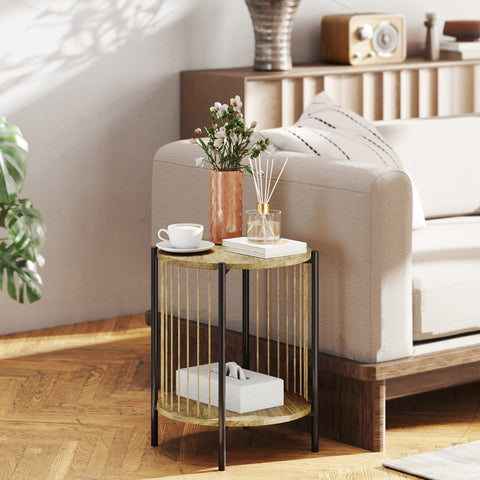 Mesa Auxiliar Redonda de 2 Níveis Mesa Auxiliar Boémia com Prateleira e Estrutura em Aço para Sala de Estar Quarto 43,5x43,5x51 cm Madeira e Preto