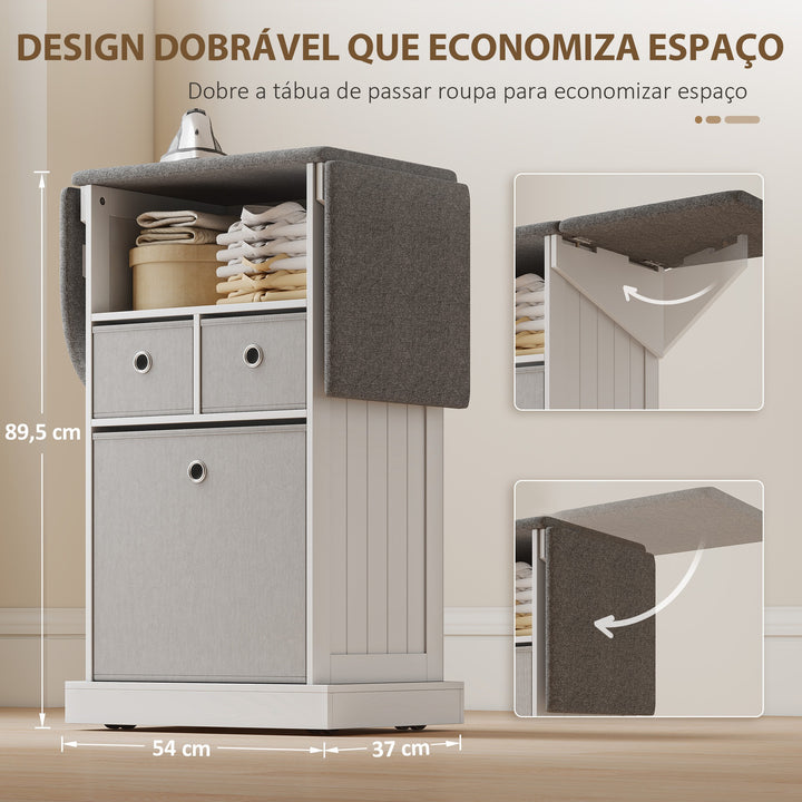 Móvel para Engomar Roupa com Rodas Tábua de Engomar Dobrável Móvel de Engomar com 3 Gavetas de Tecido Compartimento Aberto 121x37x89,5 cm Branco