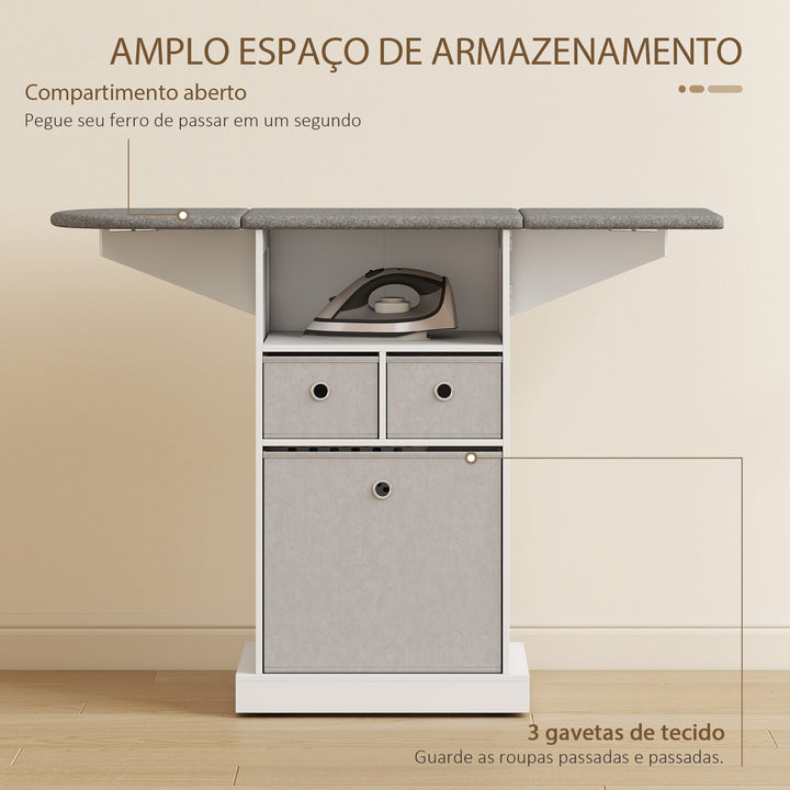 Móvel para Engomar Roupa com Rodas Tábua de Engomar Dobrável Móvel de Engomar com 3 Gavetas de Tecido Compartimento Aberto 121x37x89,5 cm Branco