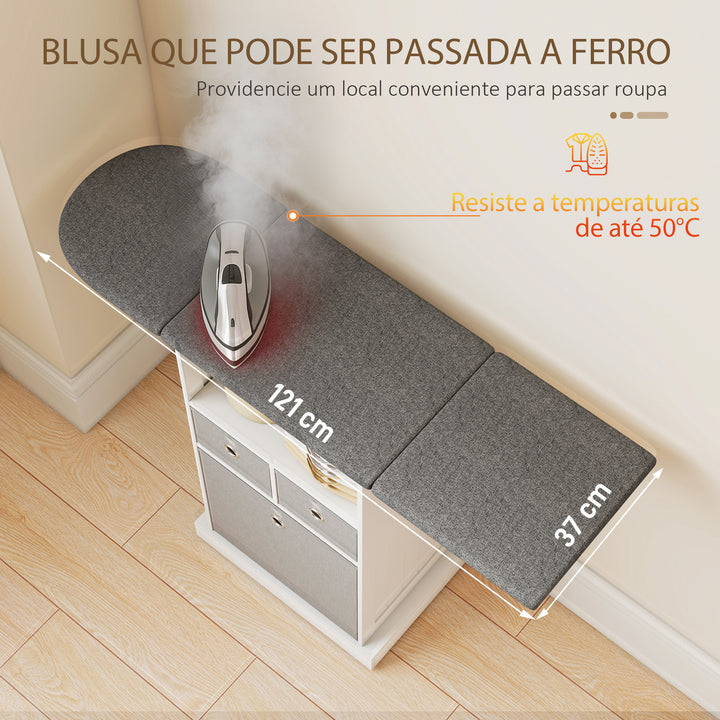 Móvel para Engomar Roupa com Rodas Tábua de Engomar Dobrável Móvel de Engomar com 3 Gavetas de Tecido Compartimento Aberto 121x37x89,5 cm Branco