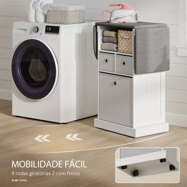 Móvel para Engomar Roupa com Rodas Tábua de Engomar Dobrável Móvel de Engomar com 3 Gavetas de Tecido Compartimento Aberto 121x37x89,5 cm Branco