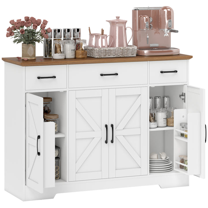Aparador de Cozinha Rústico Armário de Cozinha com 4 Prateleiras de Porta 3 Gavetas Prateleiras Ajustáveis Porta com Fecho Suave Móvel de TV para 48-55 Polegadas 120x38x87 cm Branco e Nogueira