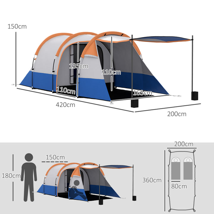 Tenda de Campismo Familiar para 2-3 Pessoas Tenda de Campismo Dobrável com 2 Áreas e Bolsa de Transporte Impermeável para Trekking 420x200x150 cm Cinza e Laranja