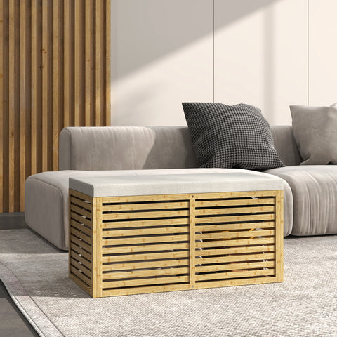 Baú de Arrumação para Dormitório 122L Banco de Arrumação Estofado em Linho Sintético com Almofada Estrutura de Bambu para Entrada Sala 90x42x43 cm Cinza e Madeira