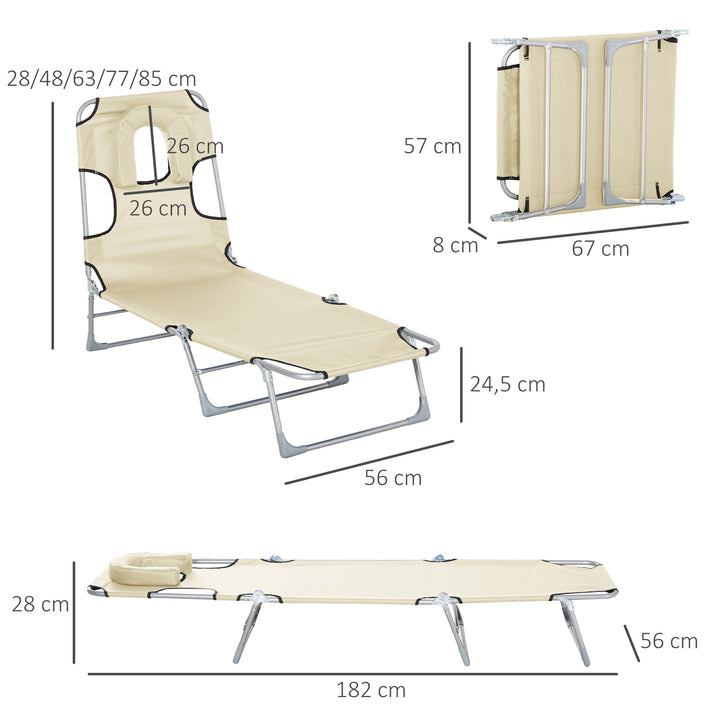 Espreguiçadeira de Jardim Reclinável e Dobrável com Orifício de Leitura Apoio para Cabeça e Encosto Ajustável em 5 Níveis para Praia 182x56x24,5 cm Bege