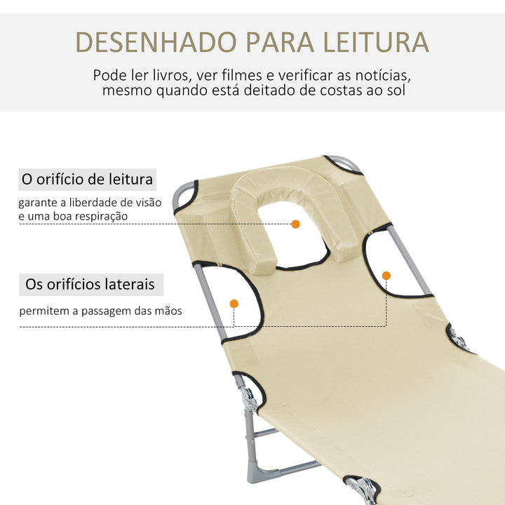 Espreguiçadeira de Jardim Reclinável e Dobrável com Orifício de Leitura Apoio para Cabeça e Encosto Ajustável em 5 Níveis para Praia 182x56x24,5 cm Bege