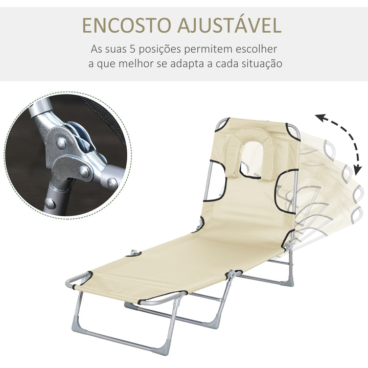 Espreguiçadeira de Jardim Reclinável e Dobrável com Orifício de Leitura Apoio para Cabeça e Encosto Ajustável em 5 Níveis para Praia 182x56x24,5 cm Bege