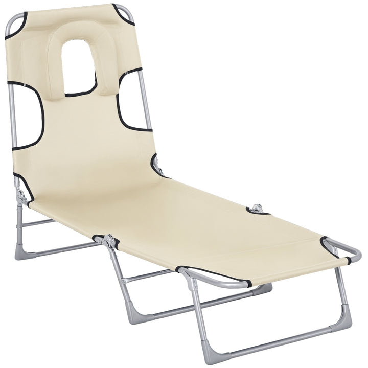 Espreguiçadeira de Jardim Reclinável e Dobrável com Orifício de Leitura Apoio para Cabeça e Encosto Ajustável em 5 Níveis para Praia 182x56x24,5 cm Bege