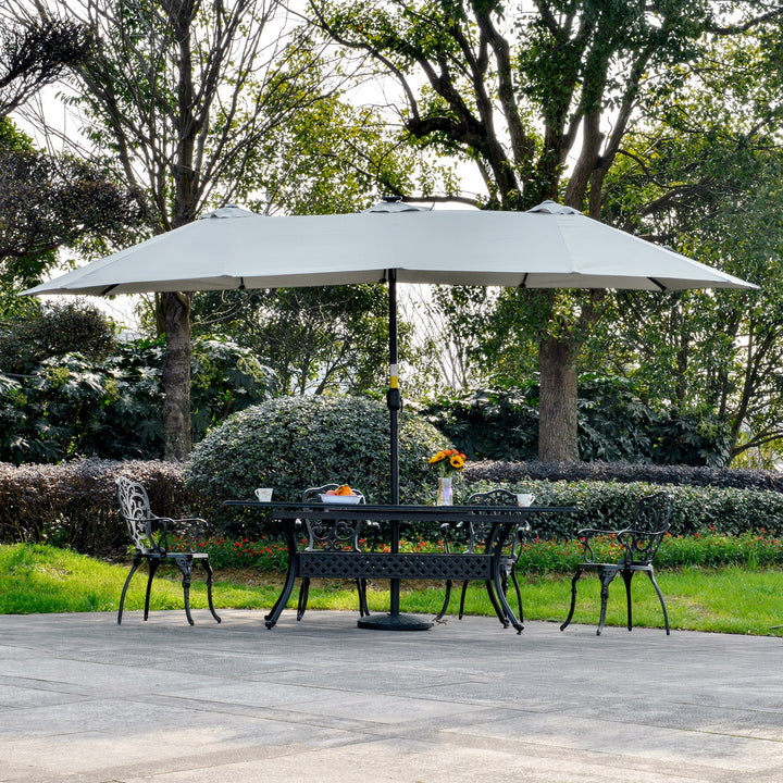 Chapéu de Sol Duplo de Jardim com 48 Luzes LED Solar 450x265x240cm Chapéu de Sol de Exterior com Manivela Proteção Solar para Terraço Balcão Piscina Cinza Claro