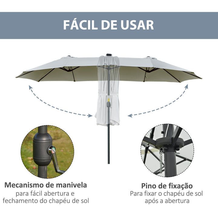 Chapéu de Sol Duplo de Jardim com 48 Luzes LED Solar 450x265x240cm Chapéu de Sol de Exterior com Manivela Proteção Solar para Terraço Balcão Piscina Cinza Claro
