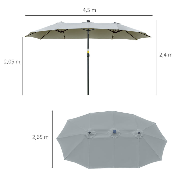 Chapéu de Sol Duplo de Jardim com 48 Luzes LED Solar 450x265x240cm Chapéu de Sol de Exterior com Manivela Proteção Solar para Terraço Balcão Piscina Cinza Claro