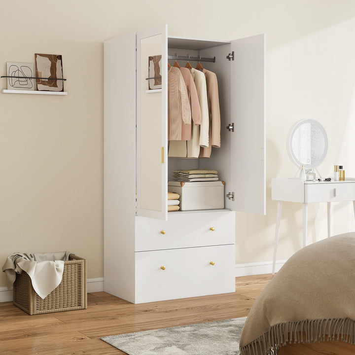 Roupeiro com 2 Portas e 2 Gavetas Armário Roupeiro com Espelho Barra para Pendurar Estilo Moderno 80x50x180 cm Branco