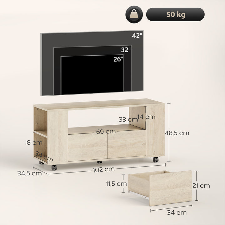 Móvel de TV com Rodas Mesa de TV Móvel Móvel para Televisão até 42 Polegadas com 2 Gavetas Prateleiras Ajustáveis para Sala de Estar Quarto 102x34,5x48,5 cm Madeira