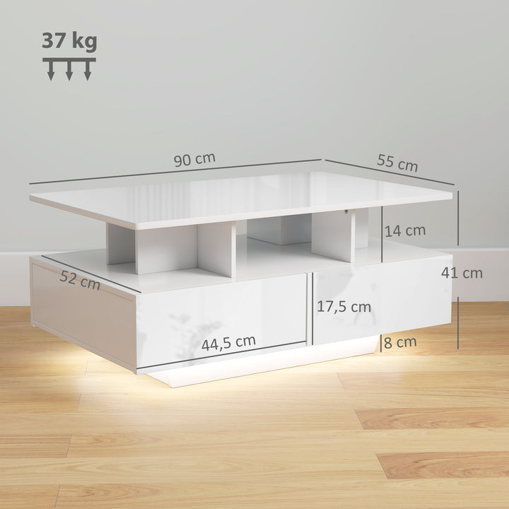 Mesa de Centro Moderna com LED Mesa de Centro com 4 Gavetas Prateleira Aberta e Luzes LED de 16 Cores para Sala de Estar 90x55x41 cm Branco Brilhante