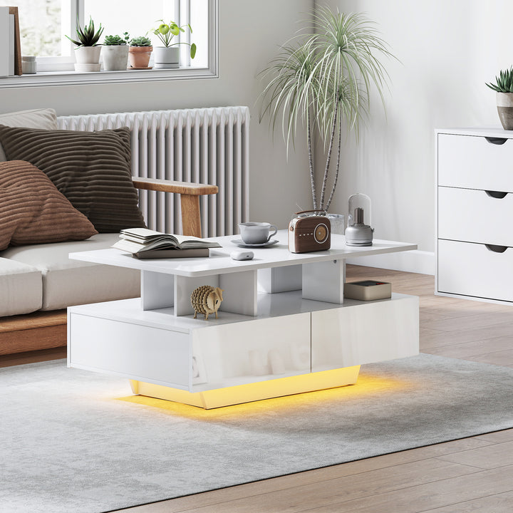 Mesa de Centro Moderna com LED Mesa de Centro com 4 Gavetas Prateleira Aberta e Luzes LED de 16 Cores para Sala de Estar 90x55x41 cm Branco Brilhante