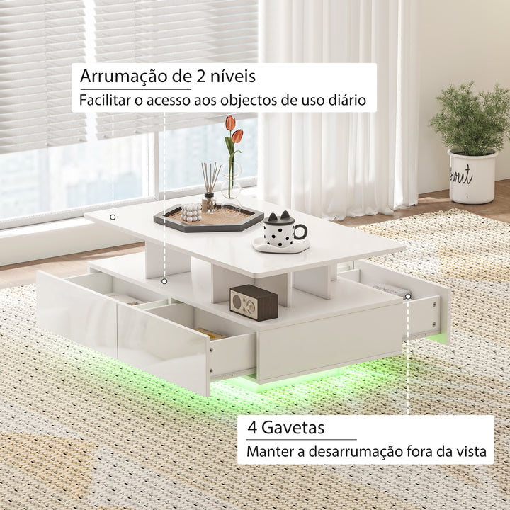 Mesa de Centro Moderna com LED Mesa de Centro com 4 Gavetas Prateleira Aberta e Luzes LED de 16 Cores para Sala de Estar 90x55x41 cm Branco Brilhante