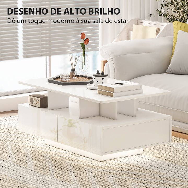 Mesa de Centro Moderna com LED Mesa de Centro com 4 Gavetas Prateleira Aberta e Luzes LED de 16 Cores para Sala de Estar 90x55x41 cm Branco Brilhante