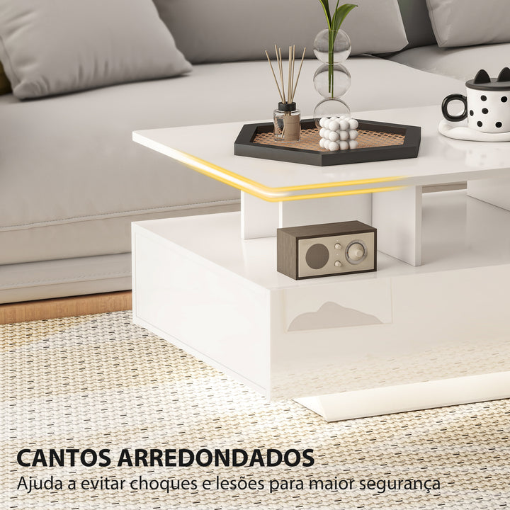 Mesa de Centro Moderna com LED Mesa de Centro com 4 Gavetas Prateleira Aberta e Luzes LED de 16 Cores para Sala de Estar 90x55x41 cm Branco Brilhante